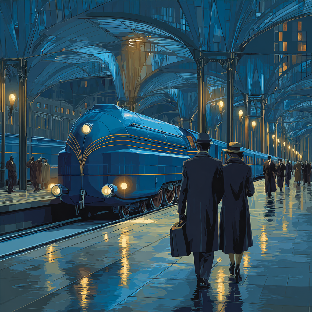 Tamara De Lempicka Inspired Sapphire Train Departure paint by color [AI-69e2faca-cc306e6a8fb2]
