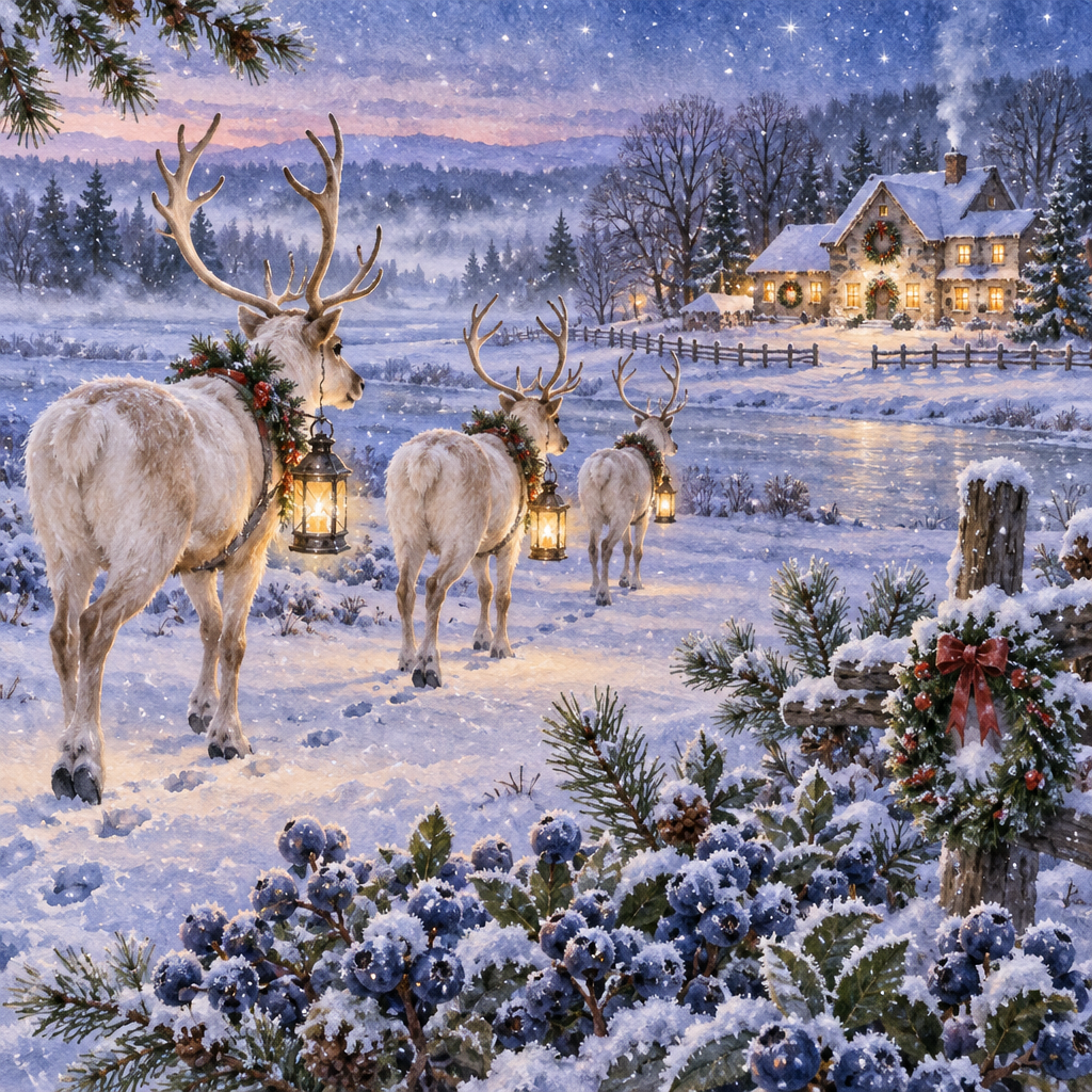 Ivory Reindeer Lanterns At Blueberry Dusk paint by numbers [AI-36d07db0-c717317685d7]