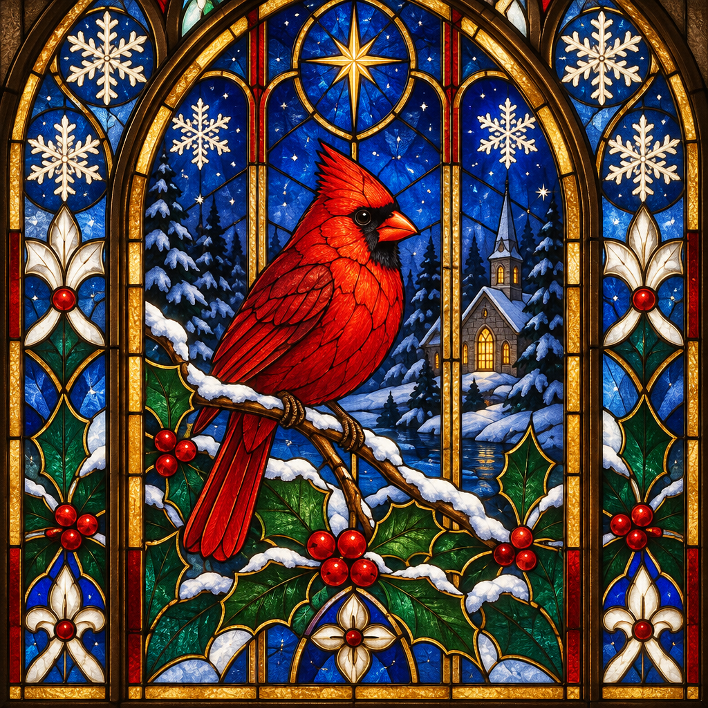 Stained Glass Snowy Cardinal Chapel Painting by numbers kit [AI-bfdab8a9-d38b288bf5c9]
