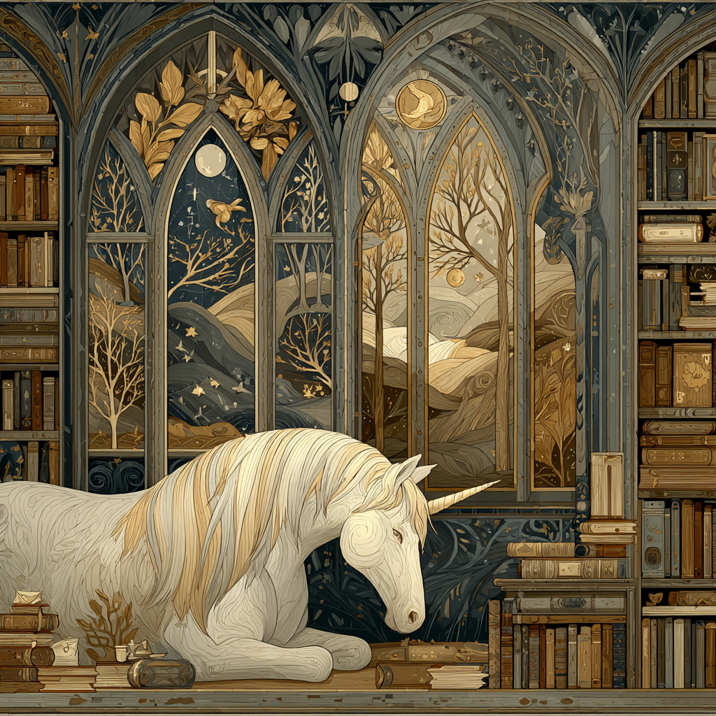 Leonora Carrington Inspired Moonlit Unicorn Library Paint by numbers art [AI-26400361-fe47ae130549]
