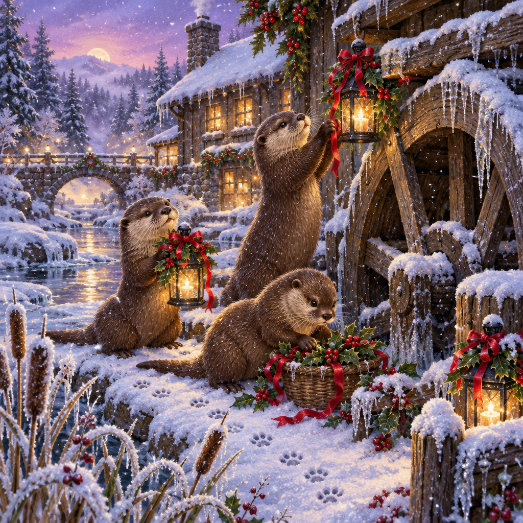 Holly Lantern Otters At The Frozen Mill Wheel Paint by numbers art [AI-54891909-7d576689389e]