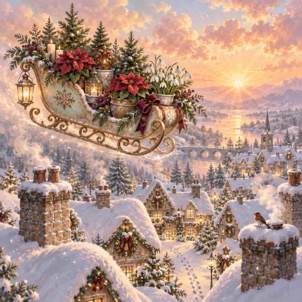 Peach Glow Sleigh Garden Above The Snowdrop Roofs paint by color [AI-ac64490a-23d3976df061]