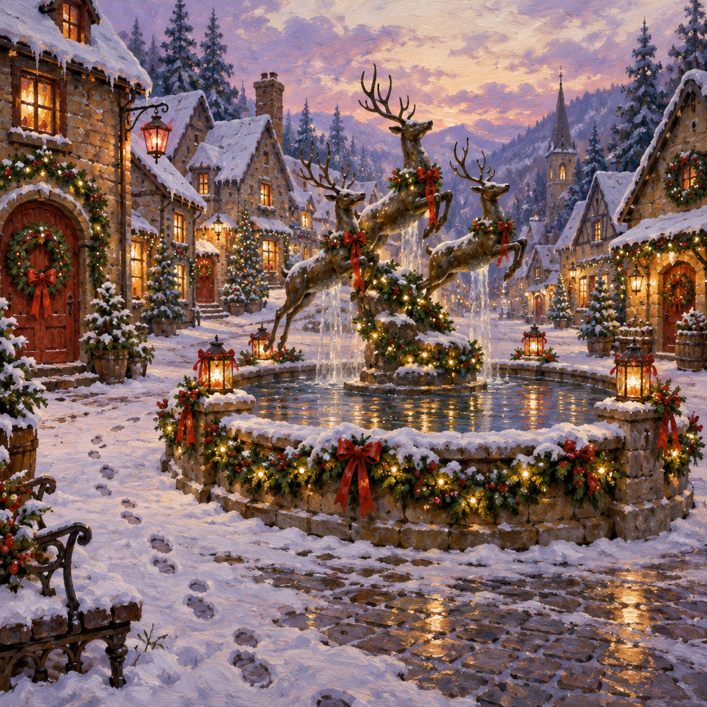 Gilded Snowfall At The Ribbon Deer Fountain Numbered painting kits [AI-34eb7d41-da34c7cb527d]