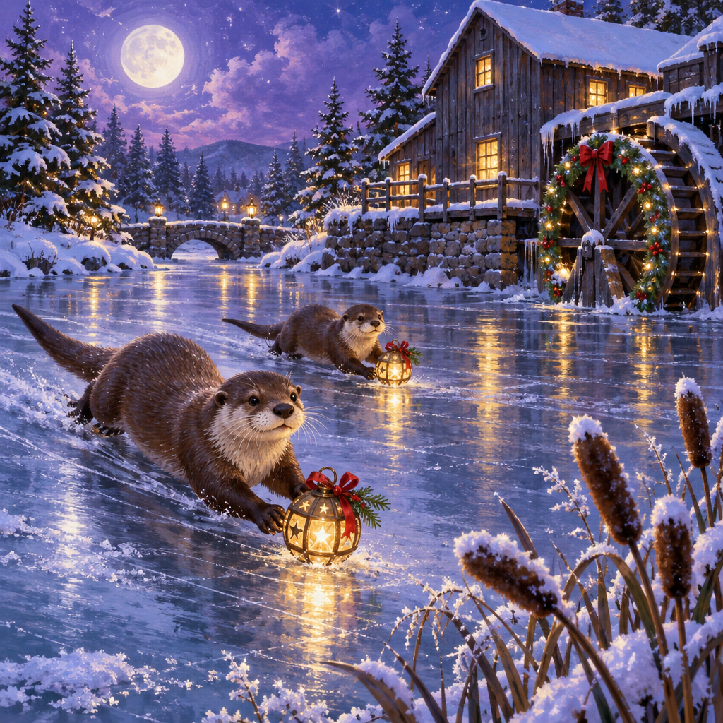 Tinsel Otters At The Moonlit Millpond Painting by numbers kit [AI-1f7c3164-5c0e92d293ba]