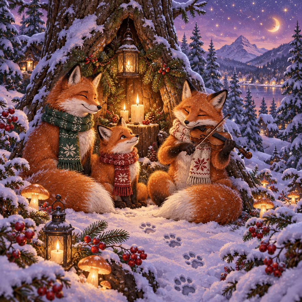 Snowy Violin Foxes At Candle Pine Hollow paint by numbers [AI-3f89712a-ad63ad9bc169]