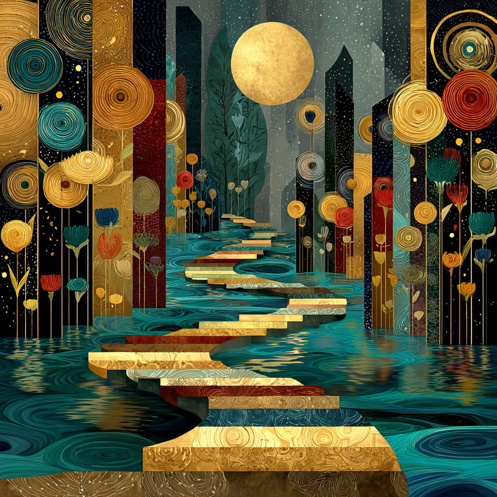Gustav Klimt Inspired Mosaic Moonlit River Paint by numbers kits [AI-91154fe7-d398fe4b2389]