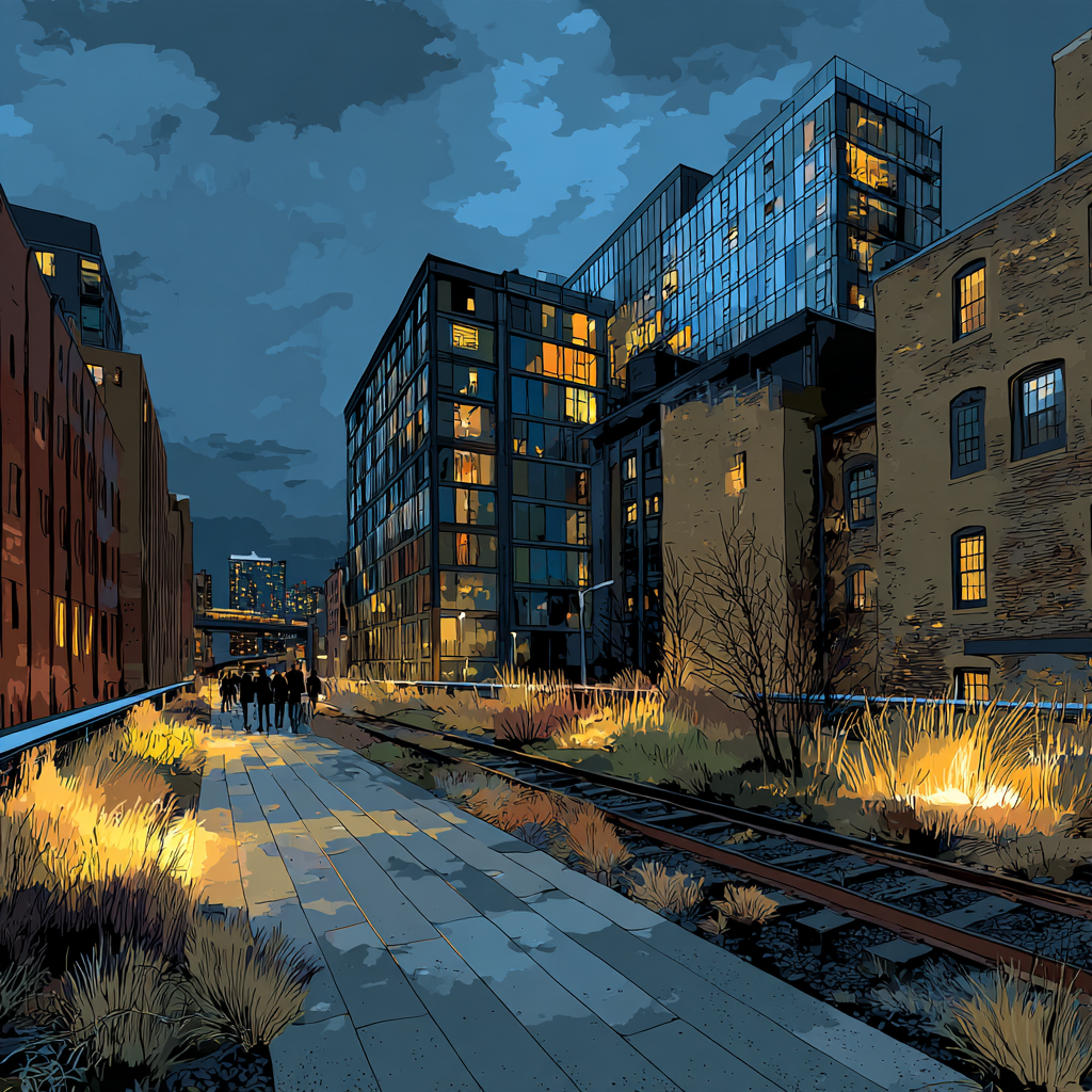 High Line Garden Walk At Dusk New York City United States paint by color [AI-c7393710-581dee29b750]