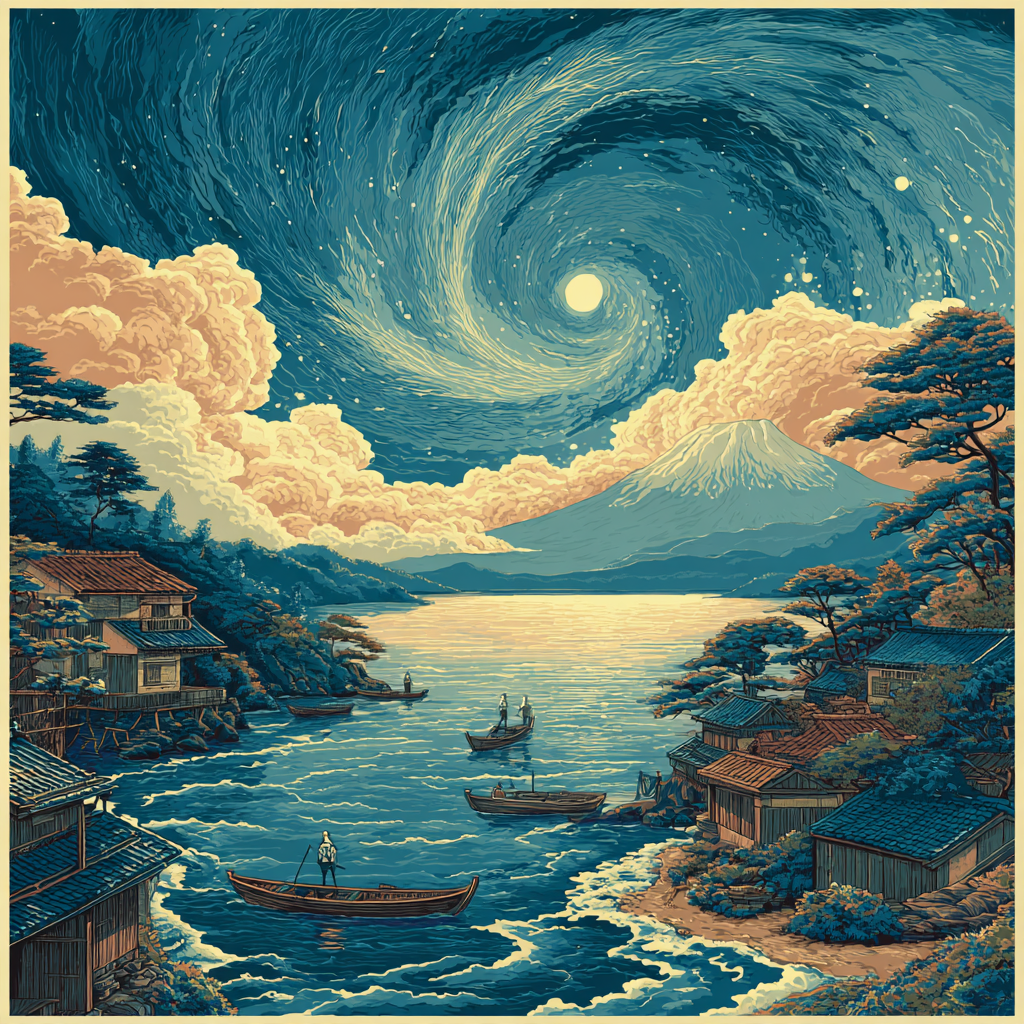 Hokusai Inspired Comet Over Fishing Village painting number kit [AI-54686859-b2b27fba86c6]
