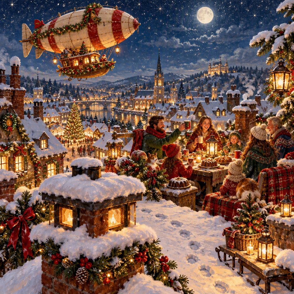 Marzipan Airship Above The Snowy Rooftop Feast paint by number [AI-98df39ad-595878590858]