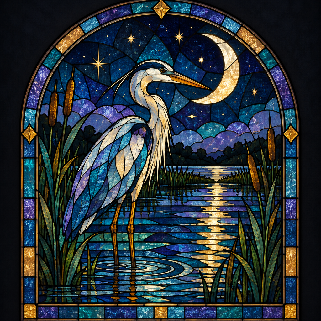Stained Glass Moon Heron paint by color [AI-786992f5-326da51856ac]