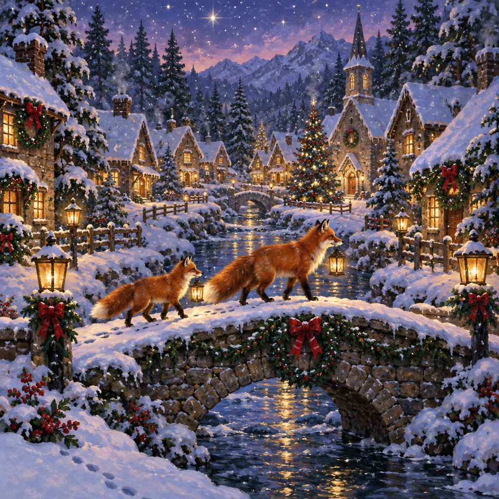 Lantern Foxes At Frostbell Bridge Painting by numbers kit [AI-60e4b8b3-94120761aecf]