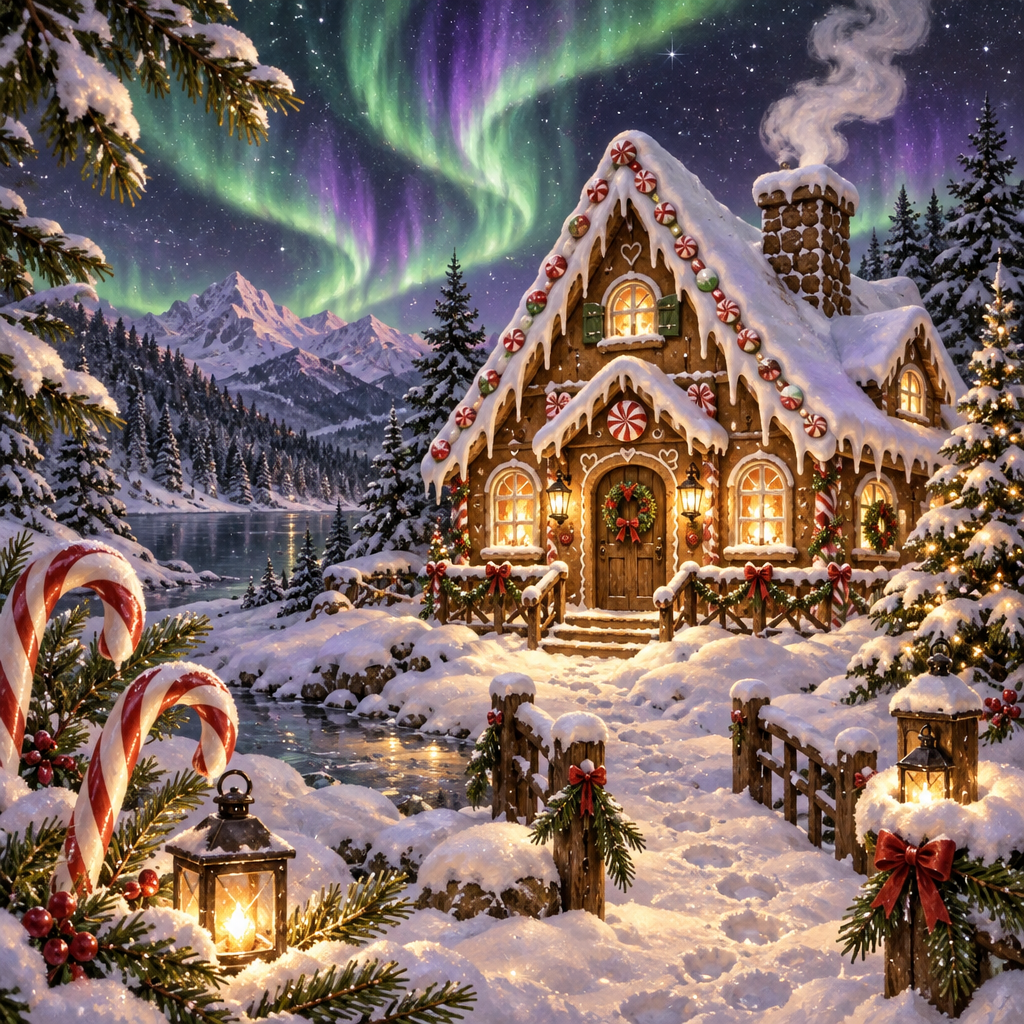 Gingerbread Cabin Under Aurora Paint by numbers kits [AI-ebe3467b-25a4799e9f24]
