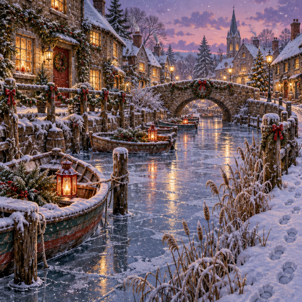 Cranberry Lanterns On The Snowbound Canal paint by color [AI-fdb47957-7cdb1189d7d5]