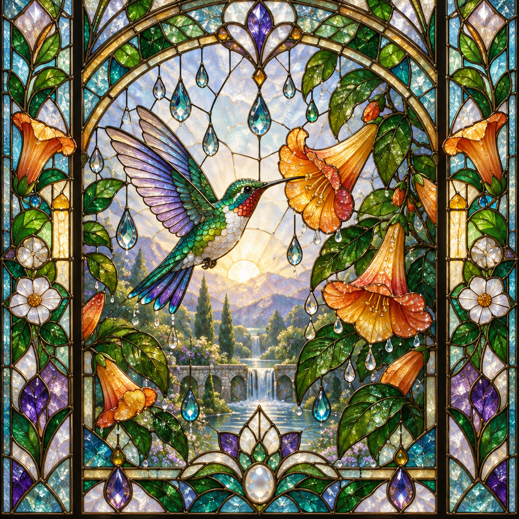Stained Glass Hummingbird Rain Window paint by numbers [AI-1d3de66a-e376f2cb1b66]