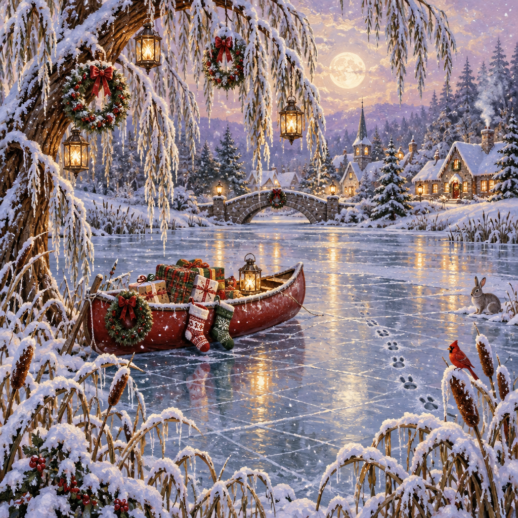 Moonlit Stocking Canoe On The Frozen Willow Pond paint by numbers [AI-9eb73545-9f0292f3a972]
