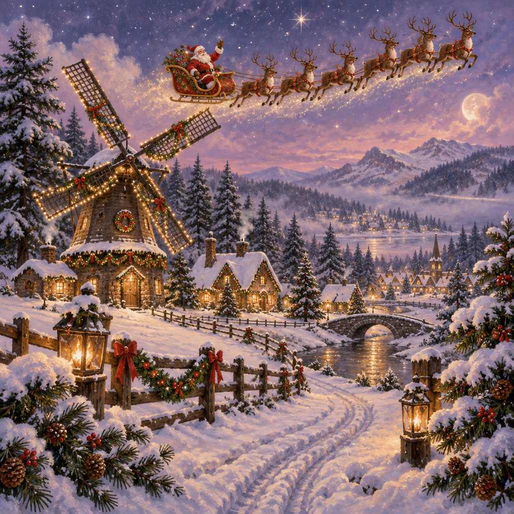 Santa Over The Lavender Windmill paint by number [AI-dc383055-b5fbc13c7657]