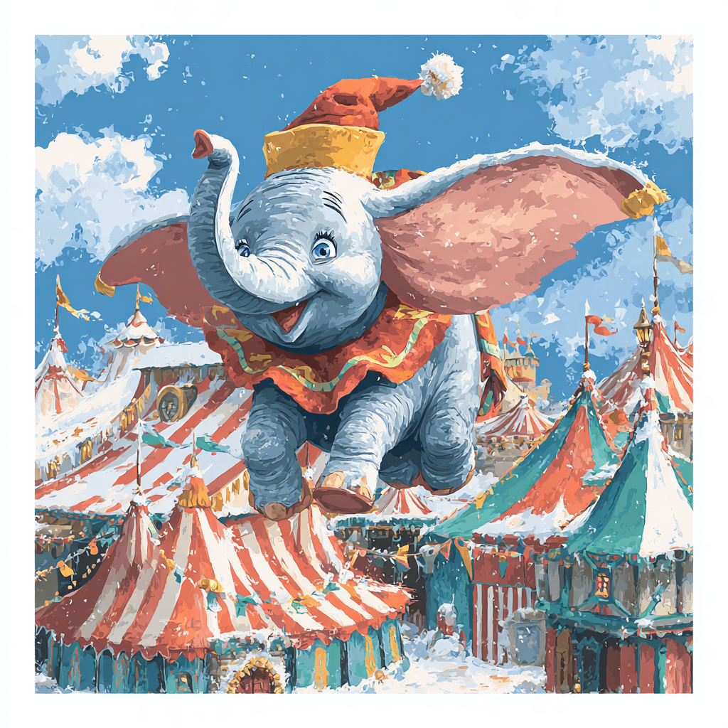 Dumbo Delivers Stockings Above Peppermint Circus Town DIY paint by numbers [AI-bfe20815-36aa9441849b]