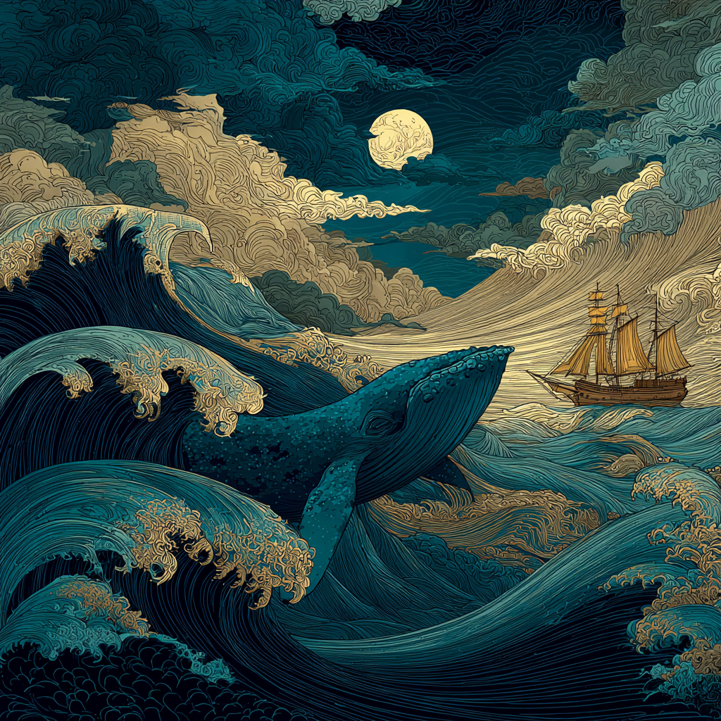 Hokusai Inspired Moonlit Whale Voyage Painting by numbers kit [AI-d6d2f507-b3467b261521]
