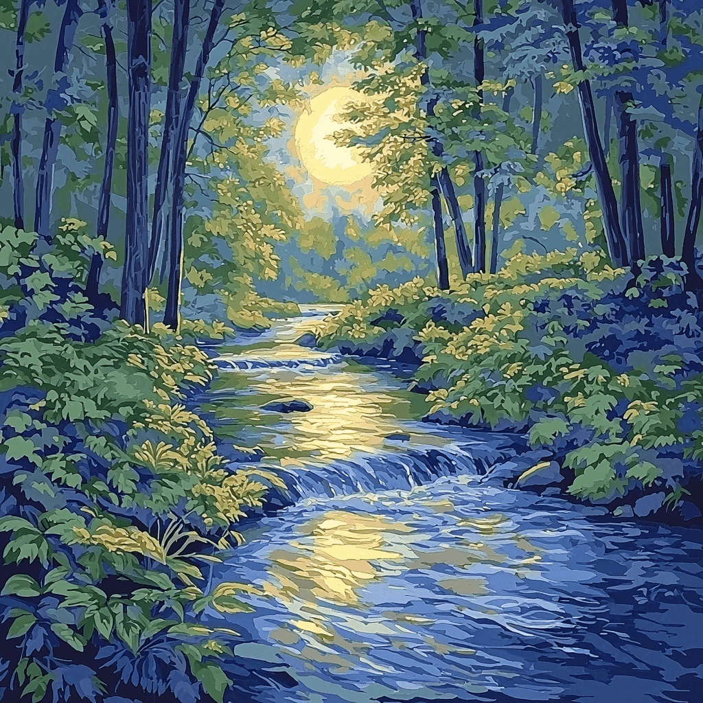 Hiroshige Inspired Whispers Of The Moonlit Stream Paint By Color