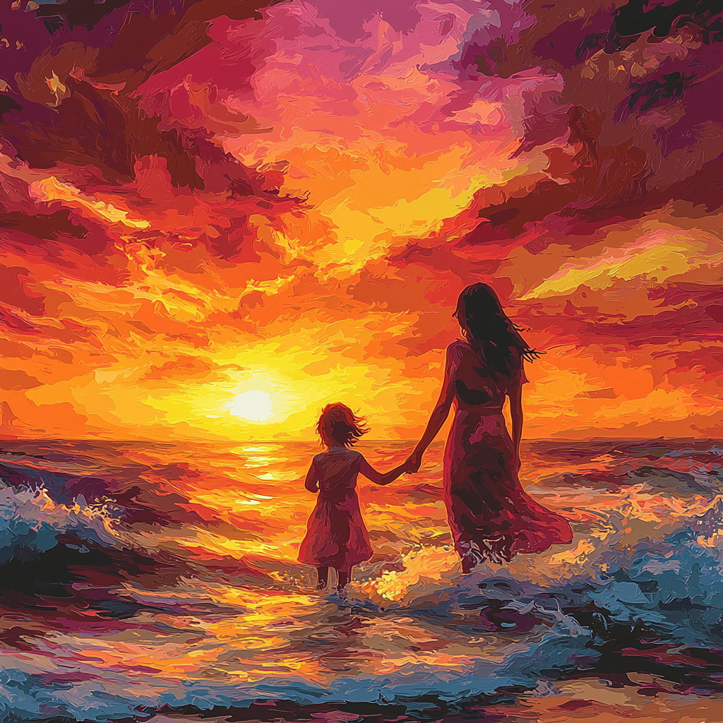 Mother And Child At Sunset Paint By Numbers Art