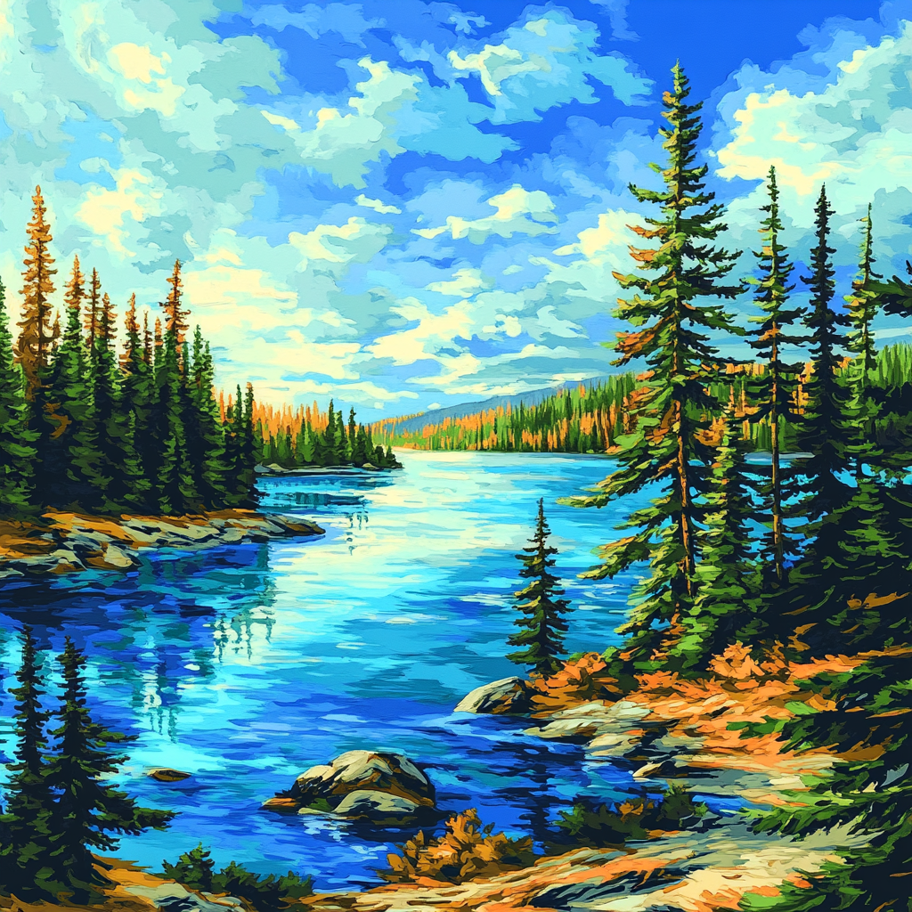J E H MacDonald Inspired Shimmering Northern Lake Framed By Pines painting number kit