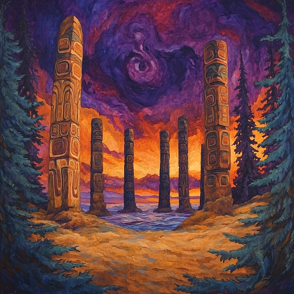 Emily Carr Inspired Totem Grove At Dusk paint by number