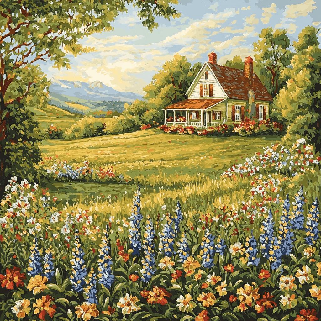 Grant Wood Inspired Charming Farmstead Number Painting