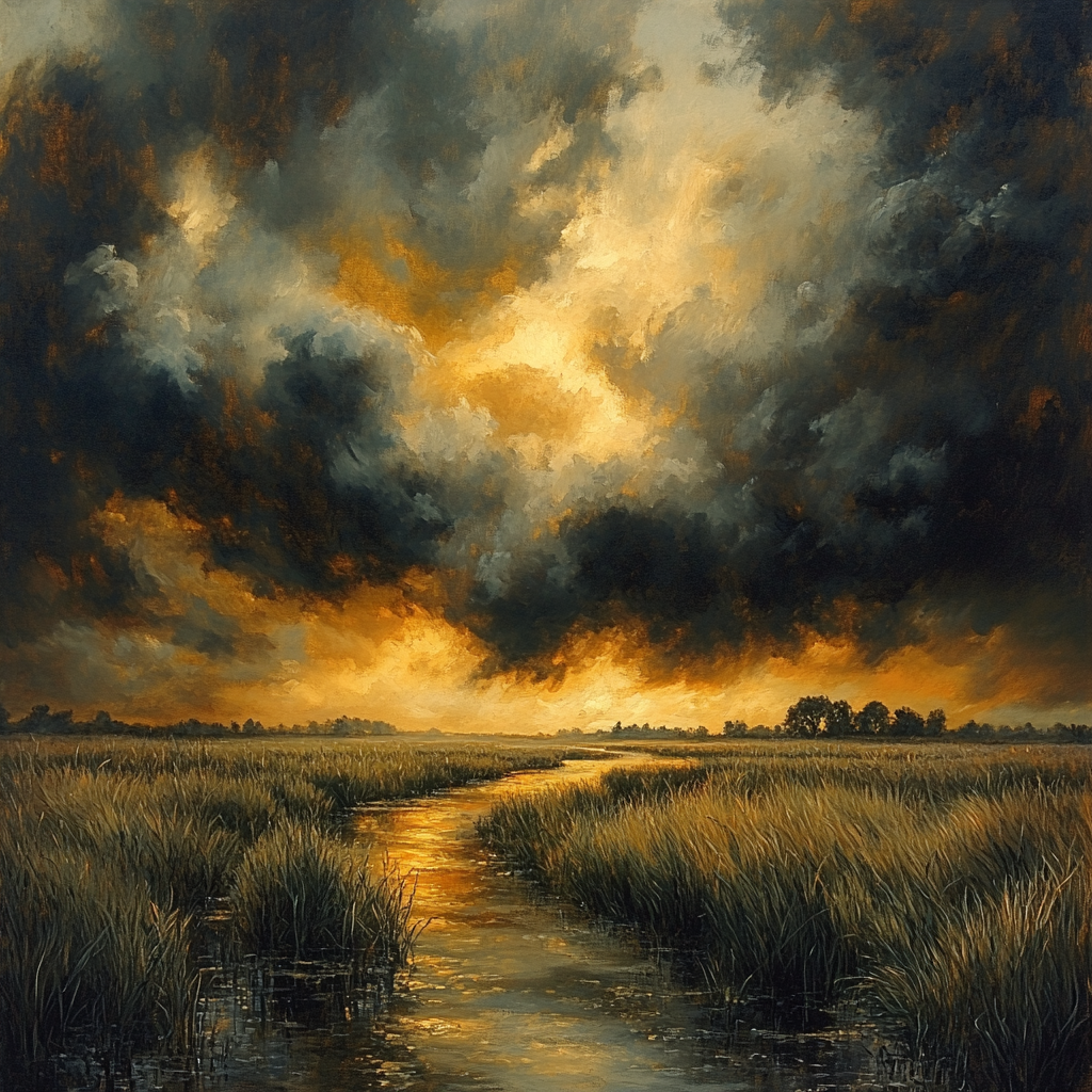 Rembrandt Inspired Stormy Dutch Marshes At Dusk paint by color