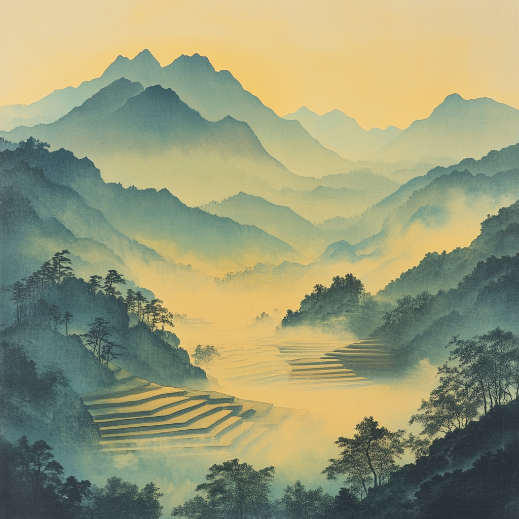 Hiroshige Inspired Misty Mountain Dawn paint by number
