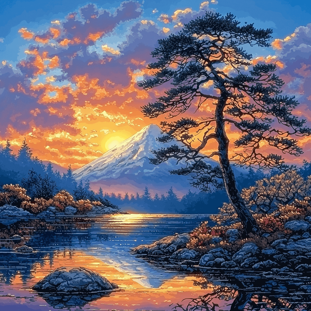 Katsushika Hokusai Inspired Hokusai's Majestic Sunset Numbered Painting Kits