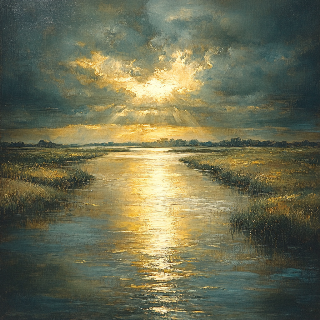 Rembrandt Inspired River Reflecting Golden Sunlight Number painting