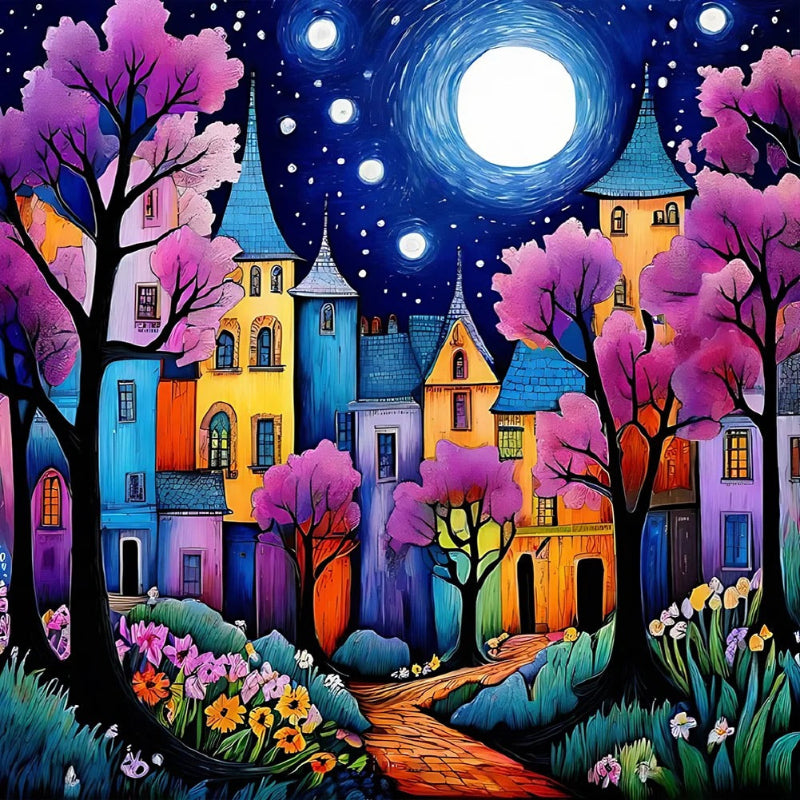 Whimsical Nighttime Village Paint By Number Kit