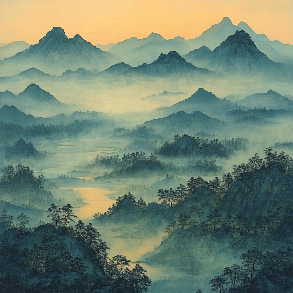 Zhao Mengfu Inspired Tranquil Mountain Mist Painting by numbers kit