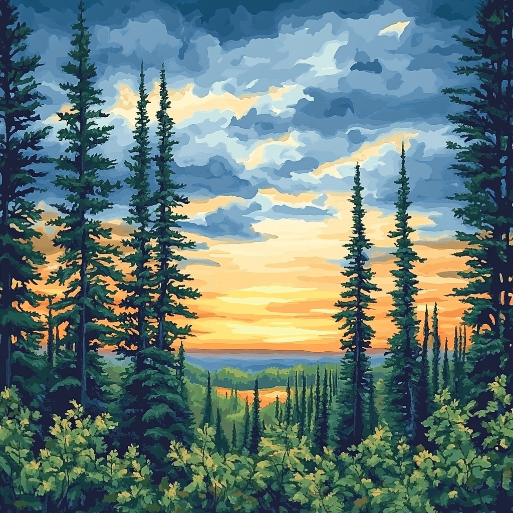 J. E. H. MacDonald Inspired Twilight Pines And Patterned Sky paint by color