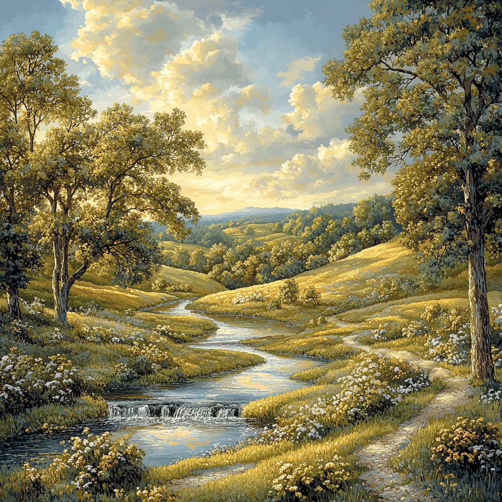 Raphael Inspired Serene Symmetrical Landscape With Flowing Stream Numbered painting kits