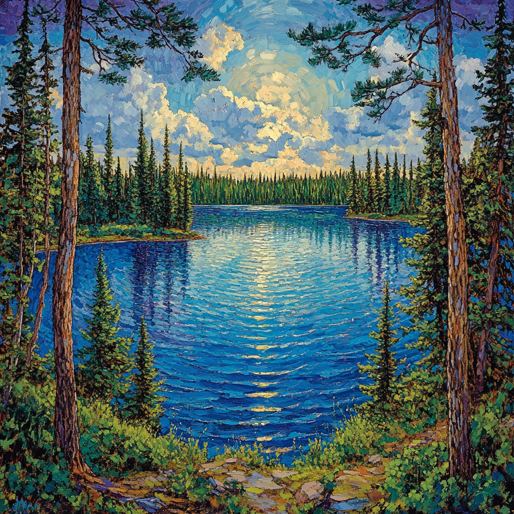 J. E. H. MacDonald Inspired Lake Framed By Pine Rhythms painting number kit