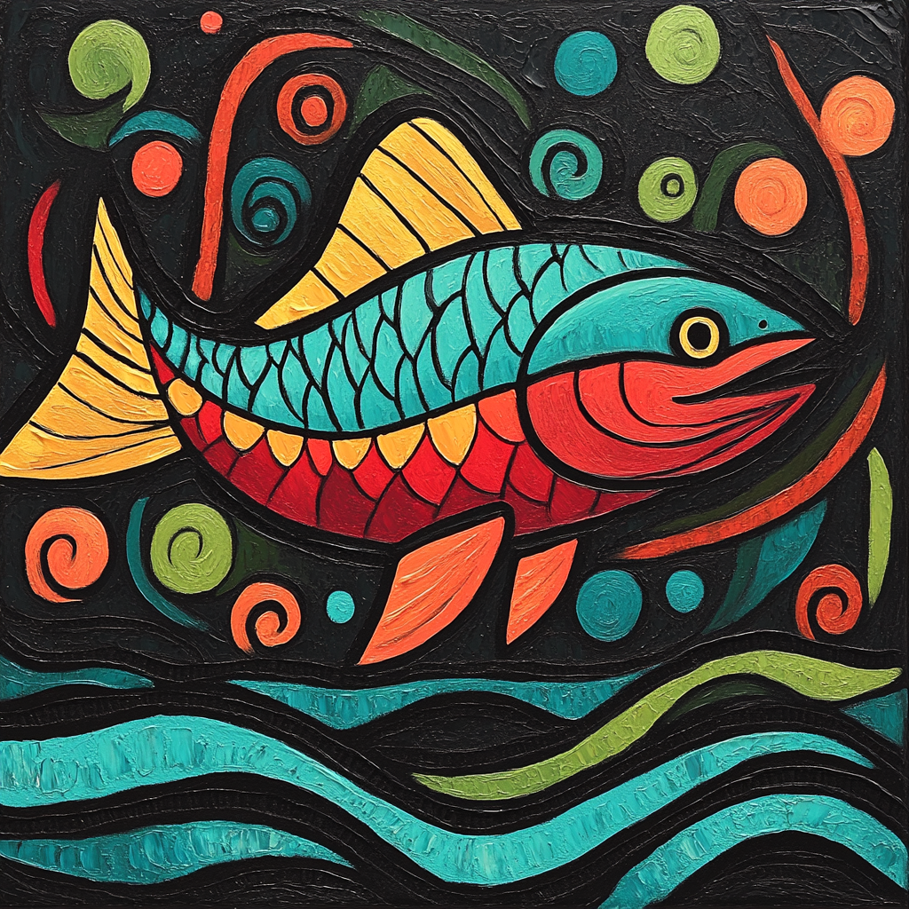 Norval Morrisseau Inspired Salmon Of The Flowing Stream paint by color