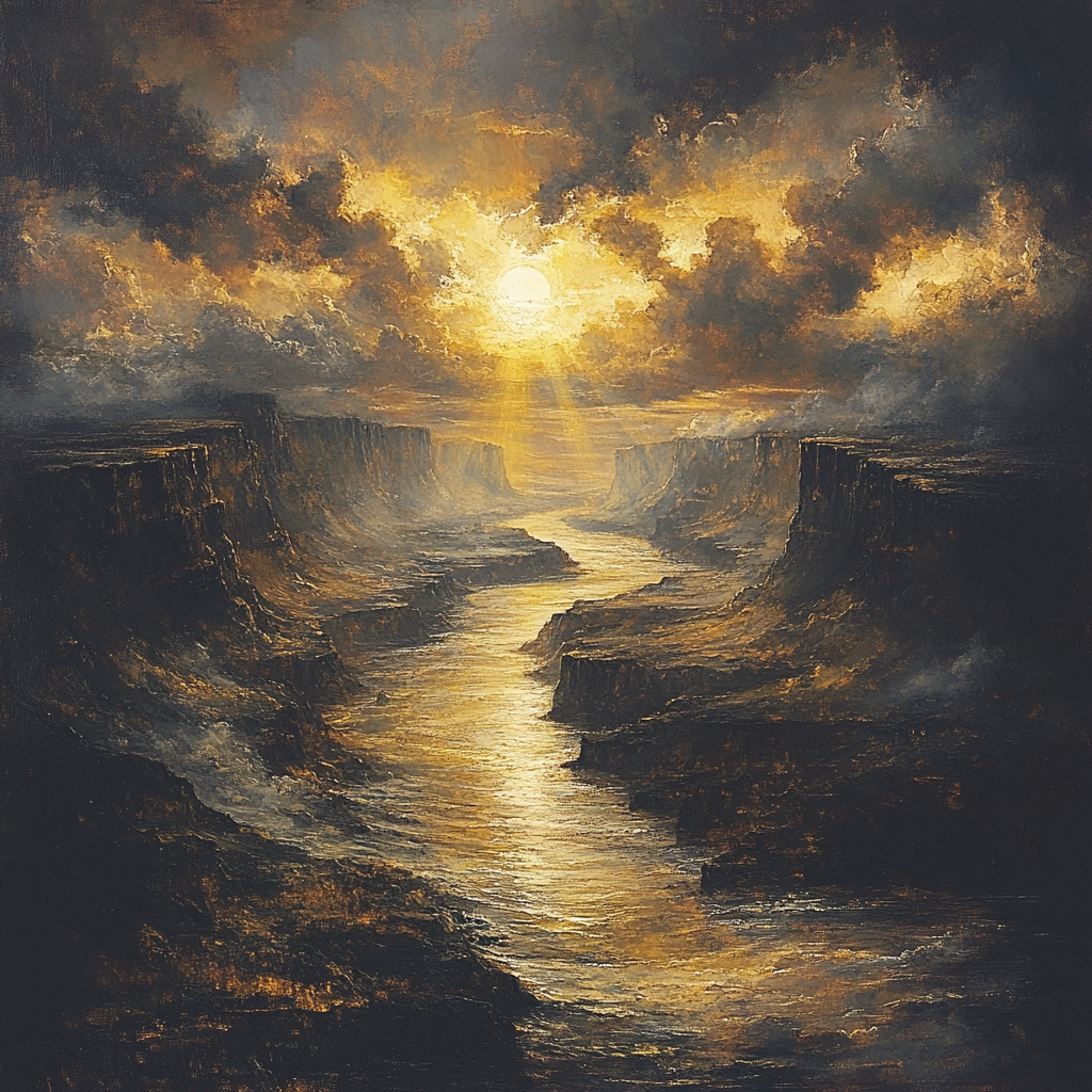 Rembrandt Inspired River Gorge With Golden Shafts paint by color