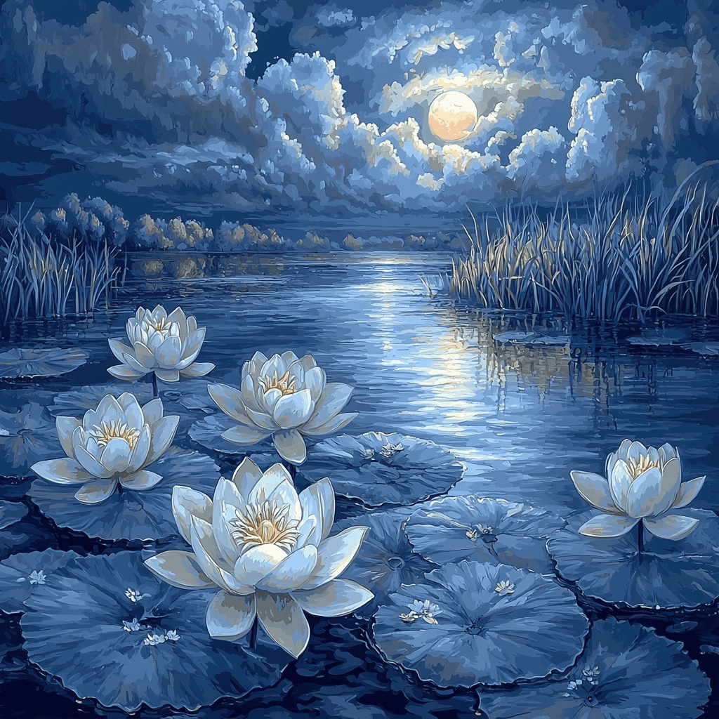 Nandalal Bose Inspired Mystical Moonlit Lotus Number Painting