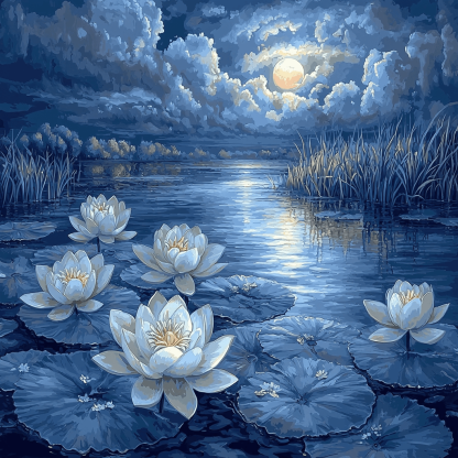 Nandalal Bose Inspired Mystical Moonlit Lotus Number Painting