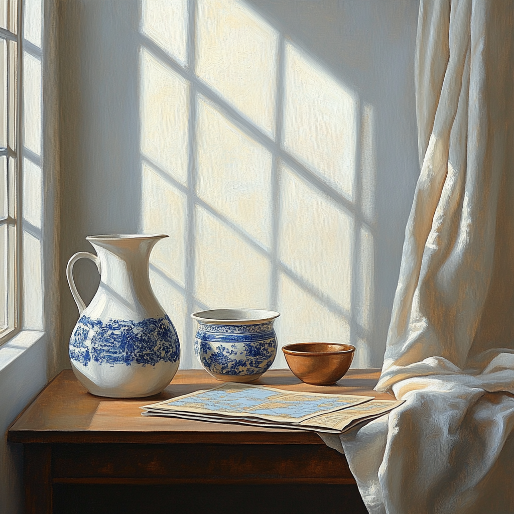 Johannes Vermeer Inspired Window-Lit Still Life With Delft Jug Number painting