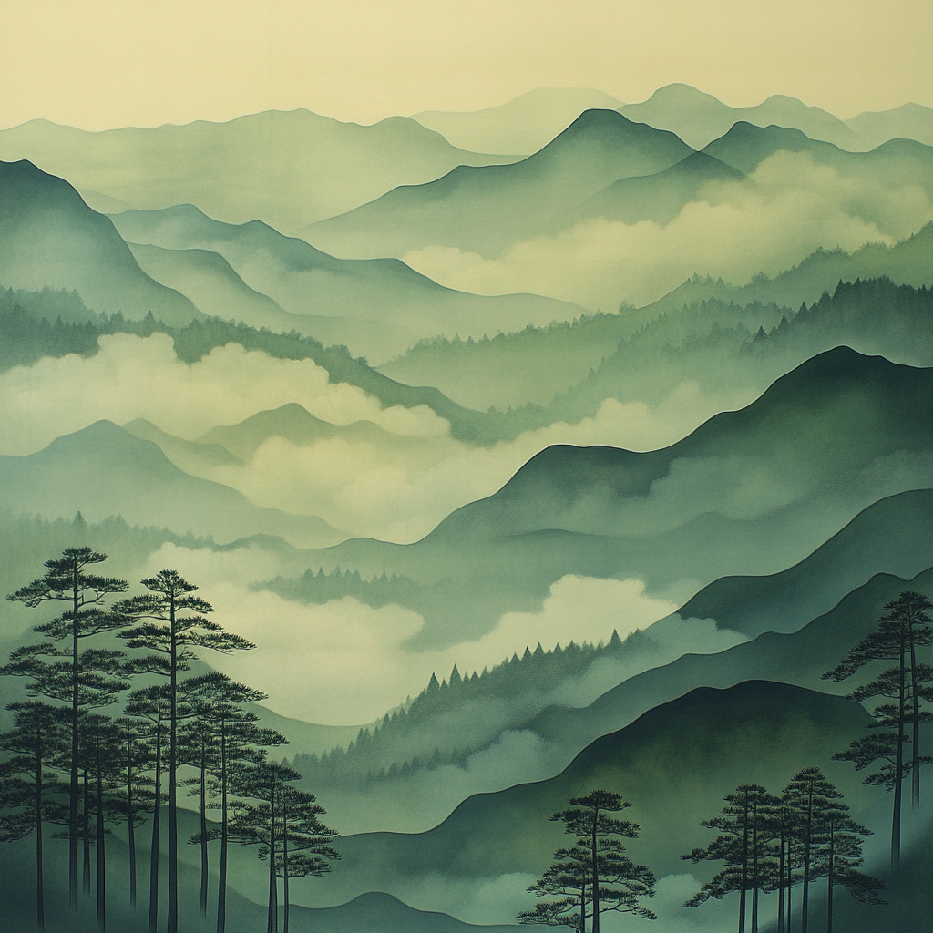 Hiroshige Inspired Mountain Mist Pass Paint by numbers art