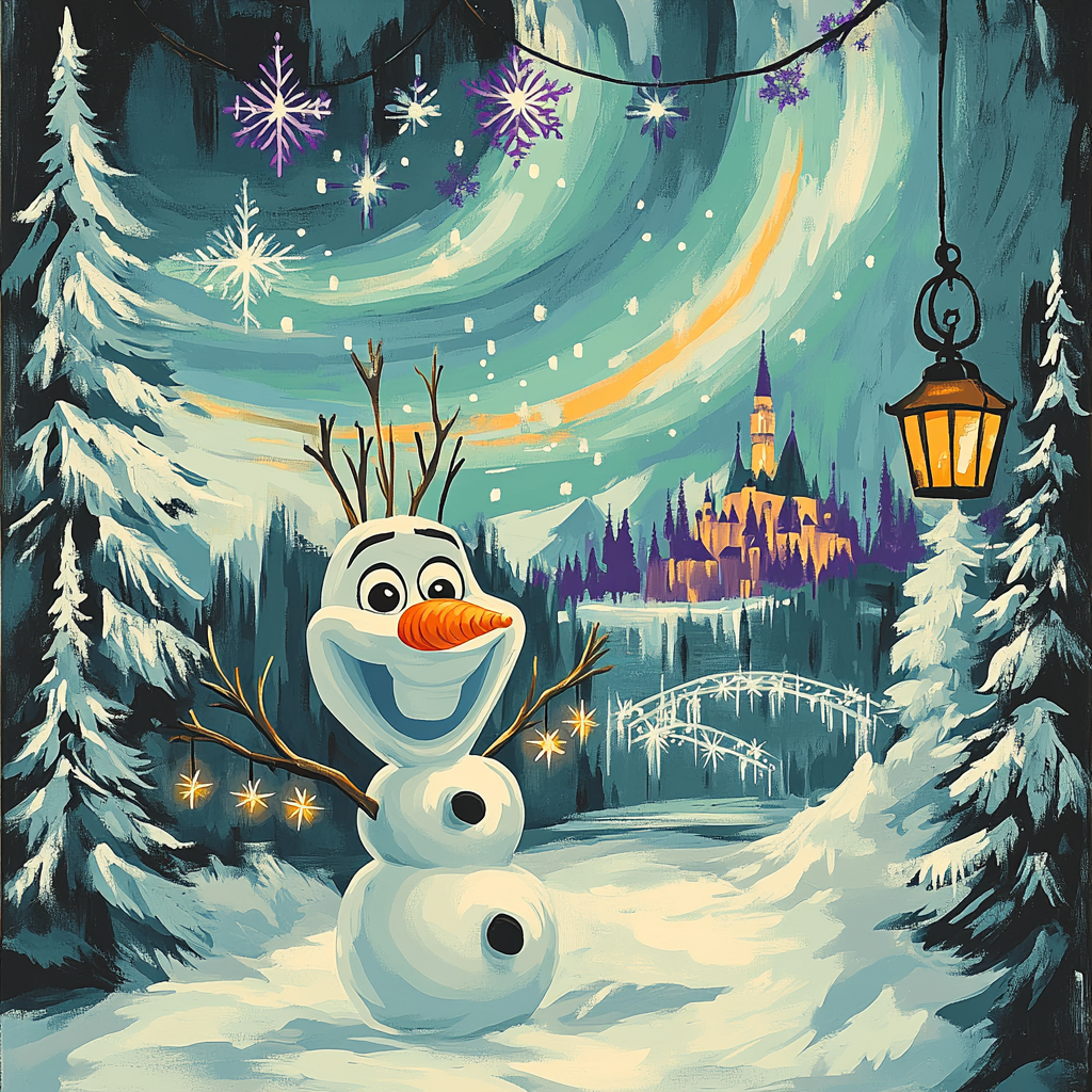Aurora Over Frozen Arendelle With Olaf paint by number