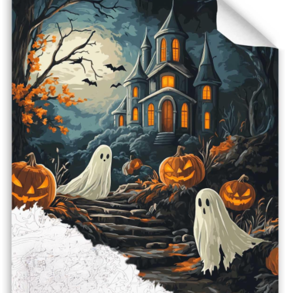 Vintage Castle Ghosts and Pumpkin Halloween Paint By Numbers Canvas Kit
