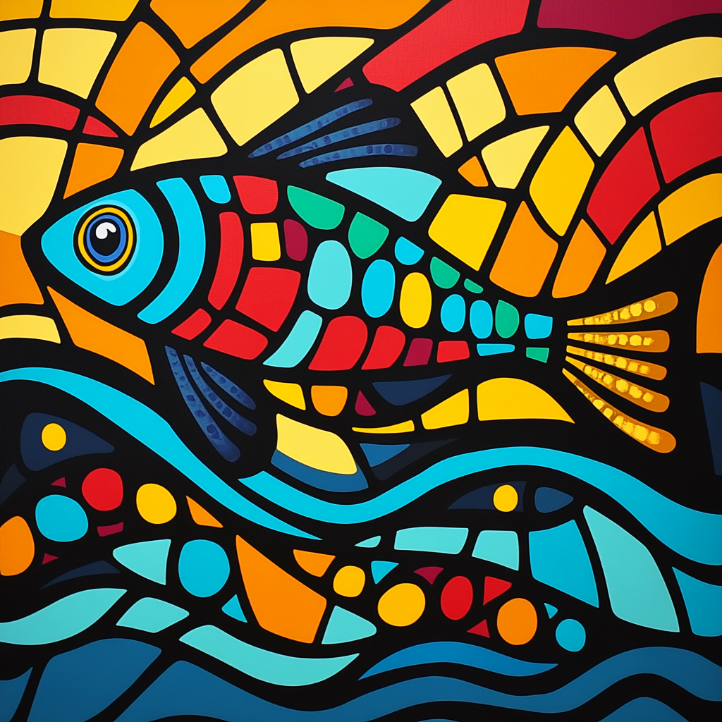Norval Morrisseau Inspired Fish Of The Flowing River Spirits paint by color