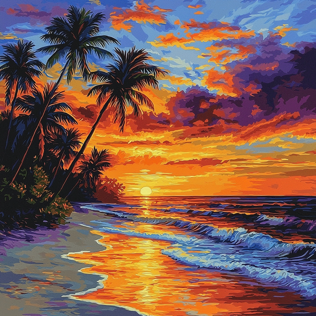 Paul Gauguin Inspired Vibrant Tropical Beach Sunset Number Painting