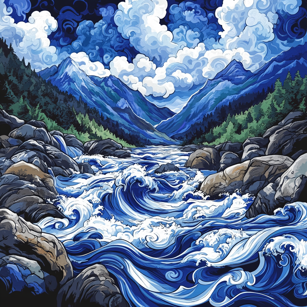 Hokusai Inspired Stormy Mountain River painting number kit