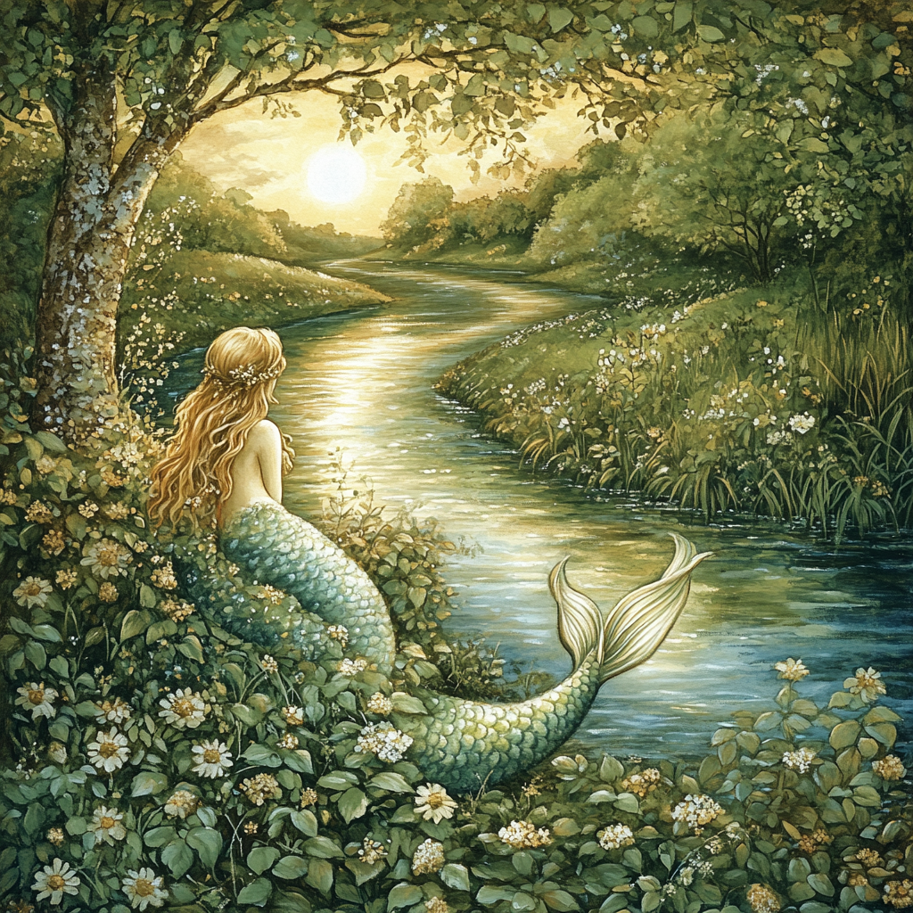 John William Waterhouse Inspired River Mermaid Number painting
