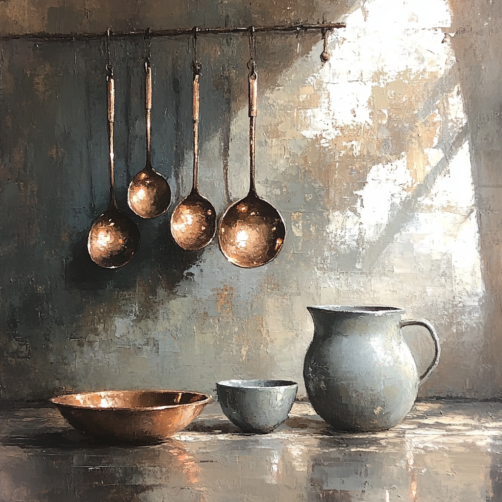 Diego Velázquez Inspired Copper Ladles And Ceramic Jugs paint by color
