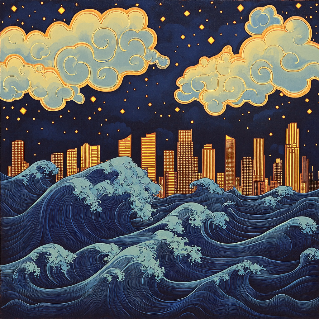 Hokusai Inspired Great Wave Citylights Paint by numbers art